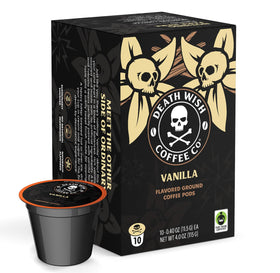 Death Wish Coffee Vanilla Pods 10-count box delivers bold aroma and balanced vanilla flavor.