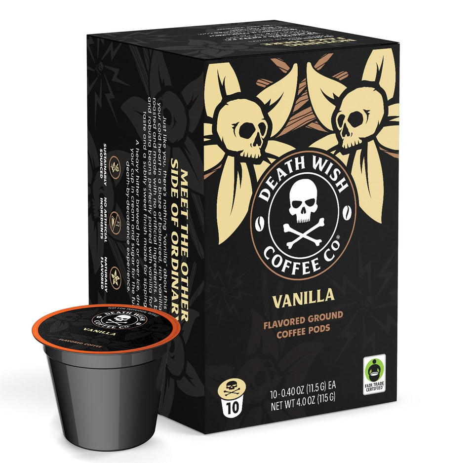 Death Wish Coffee Vanilla Pods 10-count box delivers bold aroma and balanced vanilla flavor.
