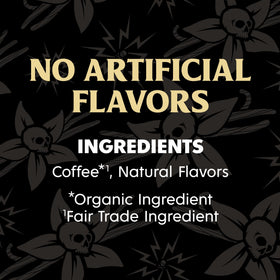 Death Wish Coffee packaging features USDA Organic and Fair Trade seals.