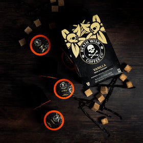 Death Wish Coffee vanilla pods beside Keurig-compatible machines illustrate easy brewing.