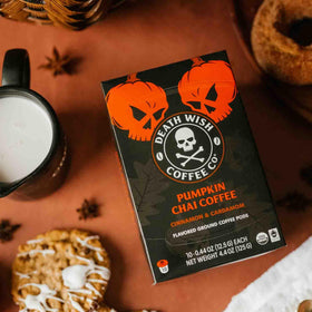 Brewing a bold Death Wish Pumpkin Chai cup with autumn spice.