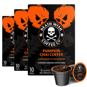 Death Wish Pumpkin Chai pods packaging, bold fall flavor ready to brew.