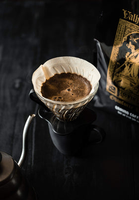 Death Wish Valhalla Java 5lb bag on kitchen counter for bulk daily brews.