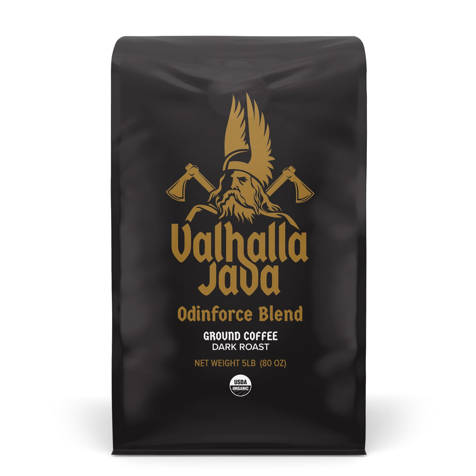 Death Wish Coffee Valhalla Java ground coffee pack ready for a bold morning brew.