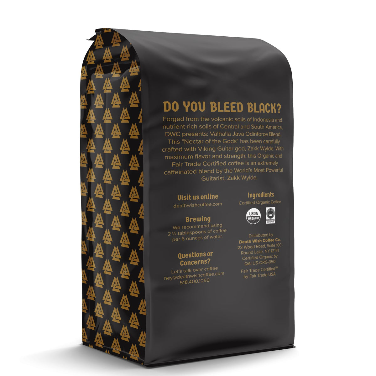 Death Wish Coffee Valhalla Java whole bean bag for customizable grind and flavor.