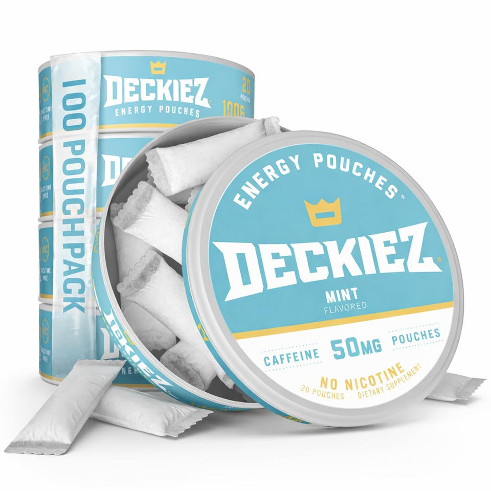 Deckiez Energy Pouches 5-cans display for quick caffeine on the go
