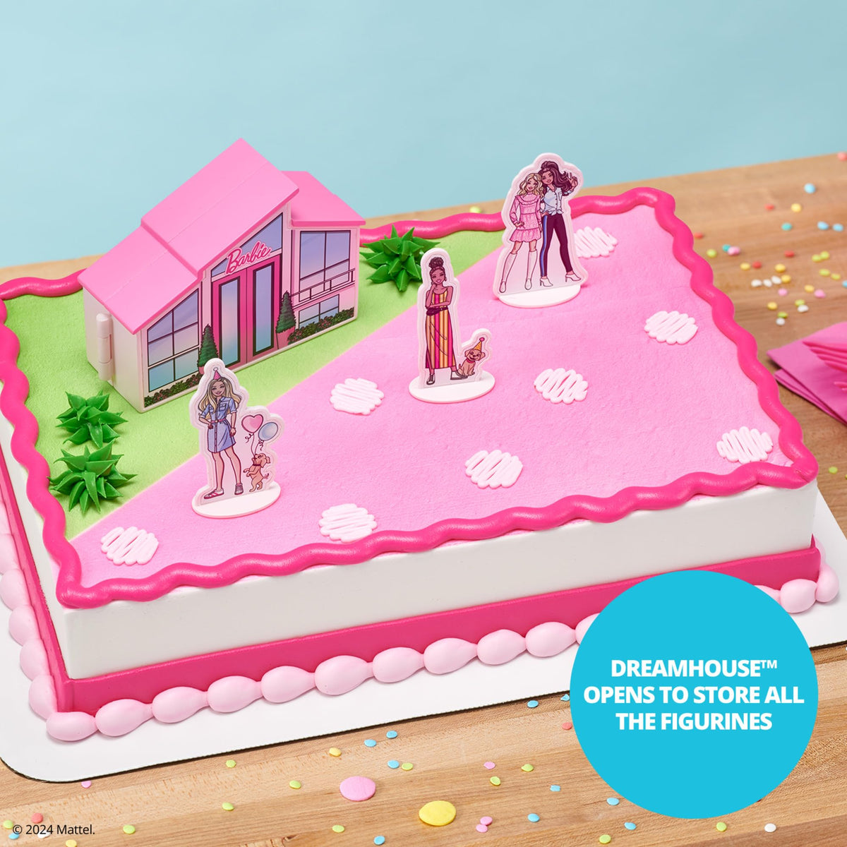 DecoPac Barbie Dreamhouse Decorations Topper serves as a durable cake centerpiece.