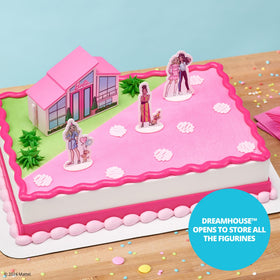 DecoPac Barbie Dreamhouse Decorations Topper serves as a durable cake centerpiece.