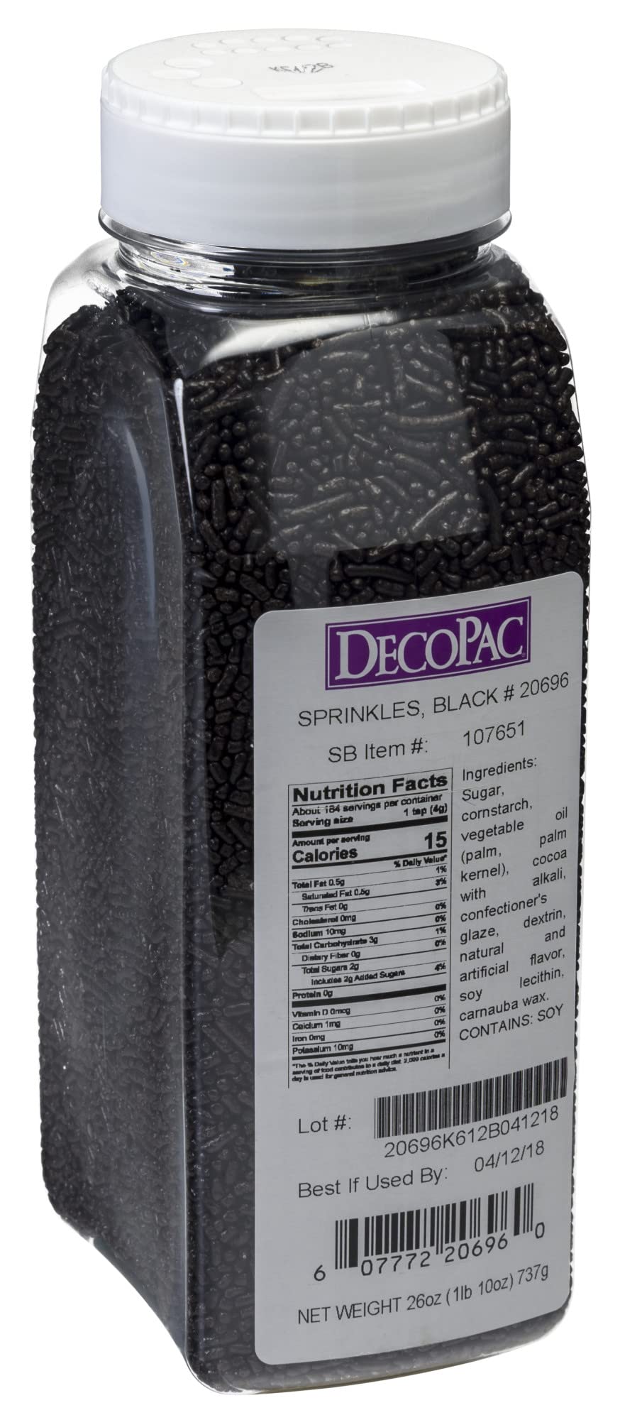DecoPac Black Sprinkles in a 26oz jar for vibrant cake decorating