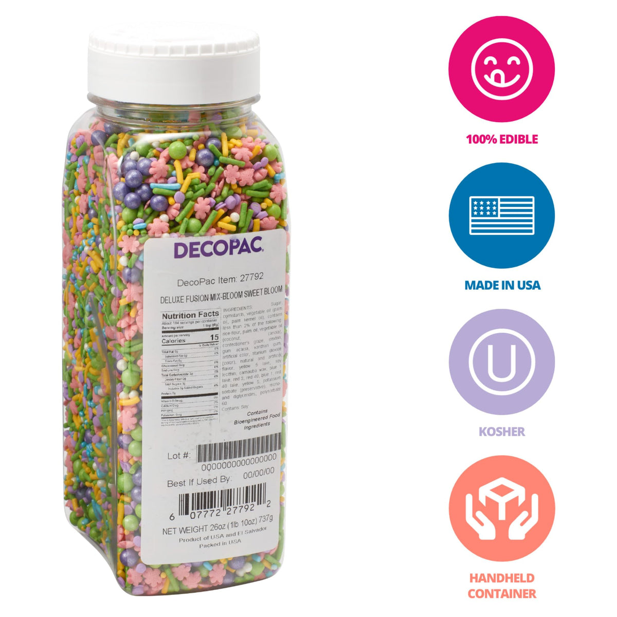 DecoPac Bloom confetti and sprinkles add vibrant cake decoration.