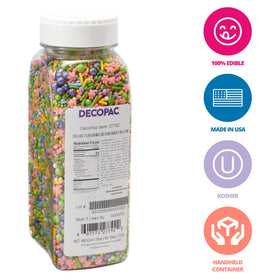 DecoPac Bloom confetti and sprinkles add vibrant cake decoration.