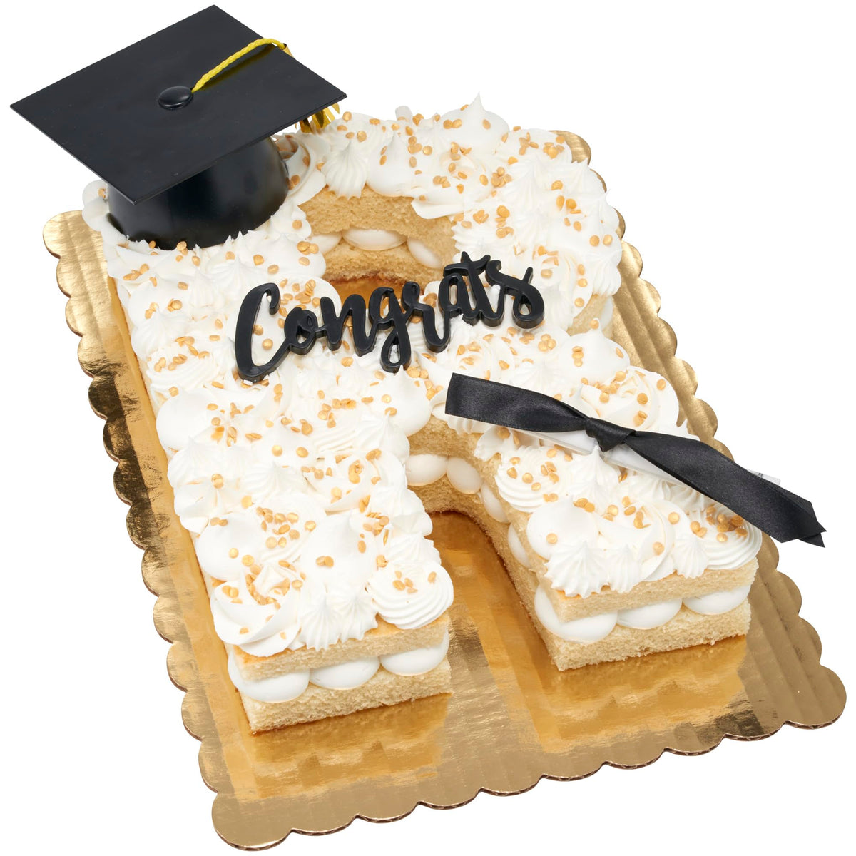 Elegant black graduation cap topper enhances dessert presentation