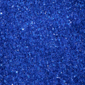 DecoPac dark blue sanding sugar in a handheld jar for cake decorating.