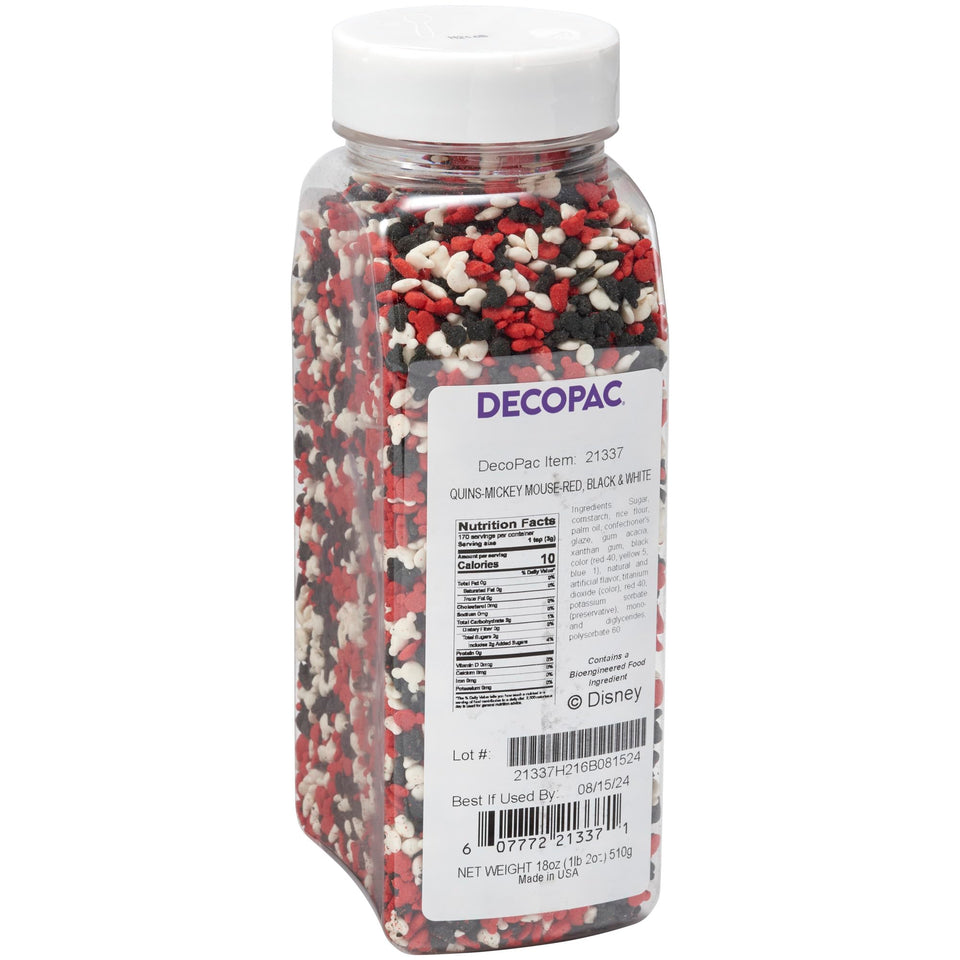 DecoPac Mickey Mouse quins in handheld container for easy decorating.