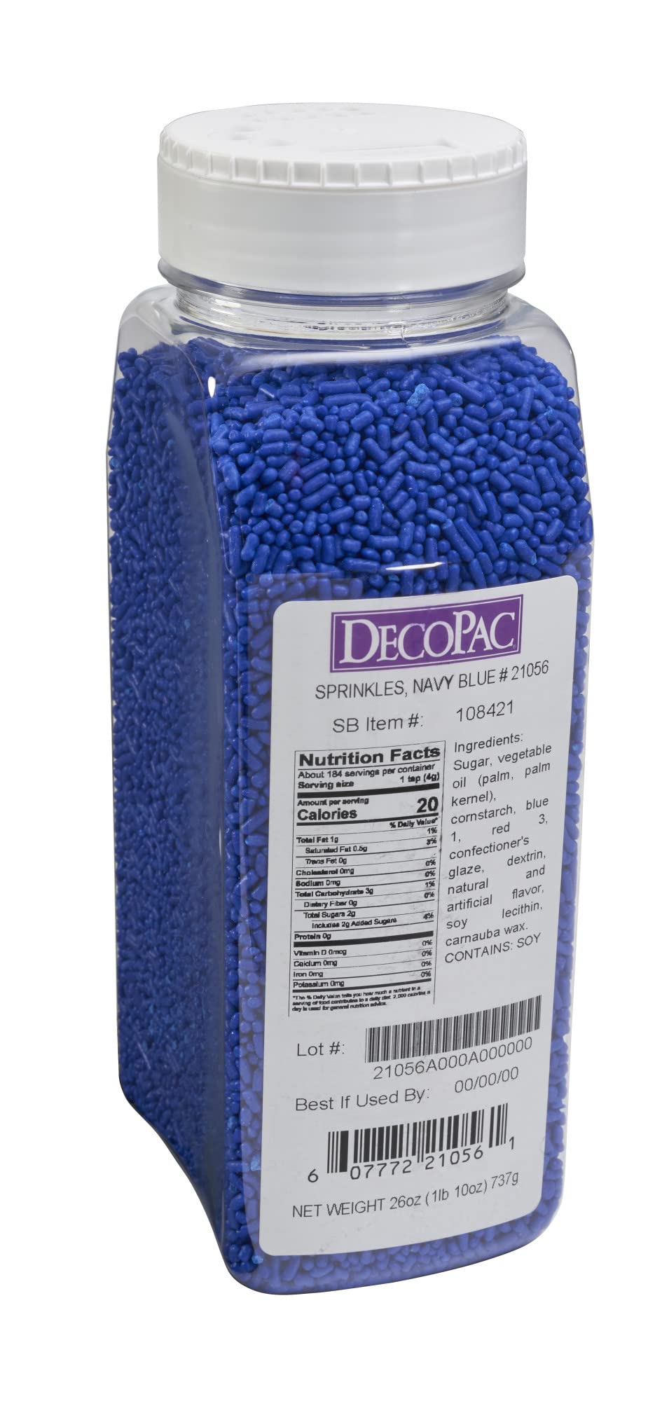 DecoPac Navy Blue Sprinkles in a resealable jar for easy storage