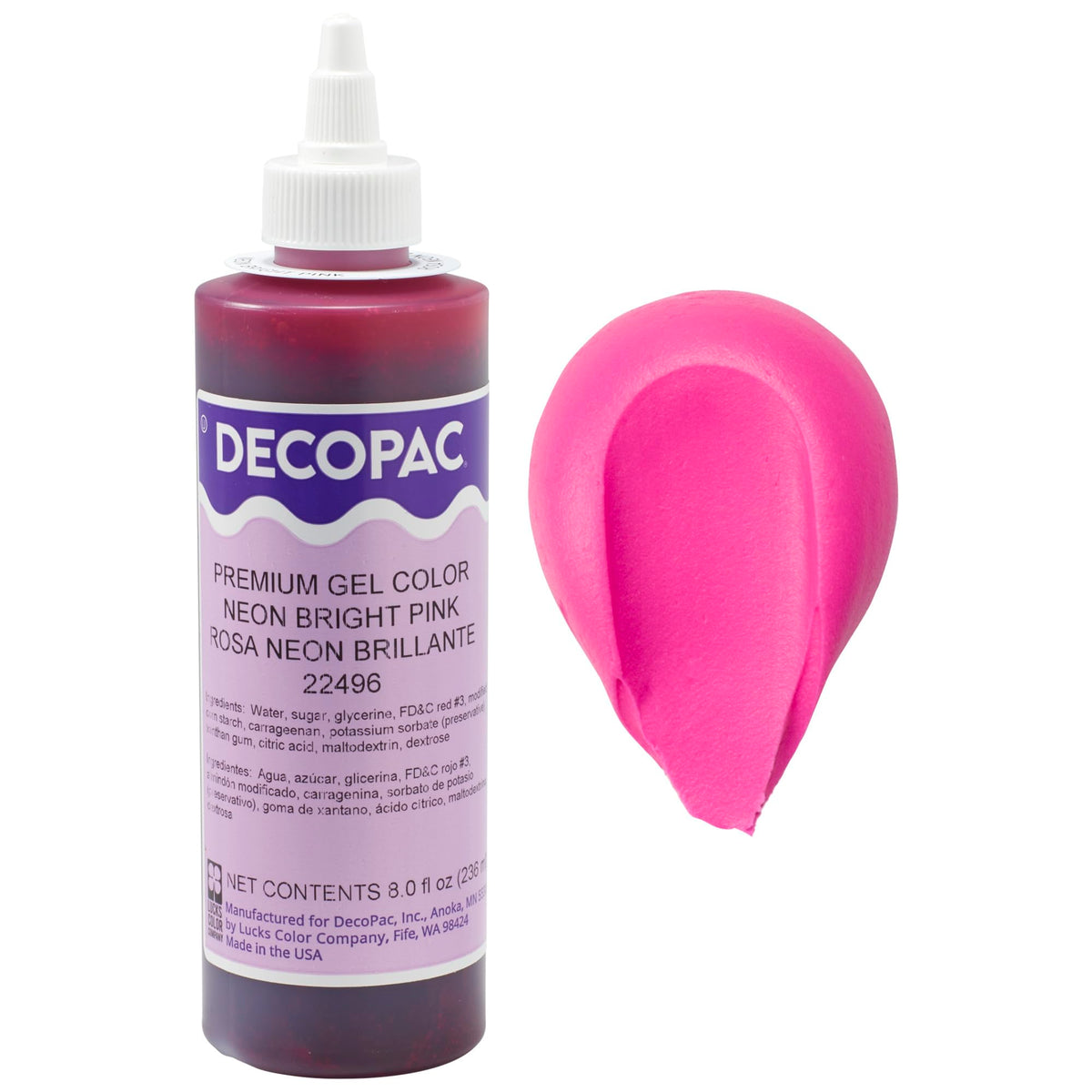 DecoPac Neon Bright Pink gel bottle colors buttercream vividly for striking cakes.