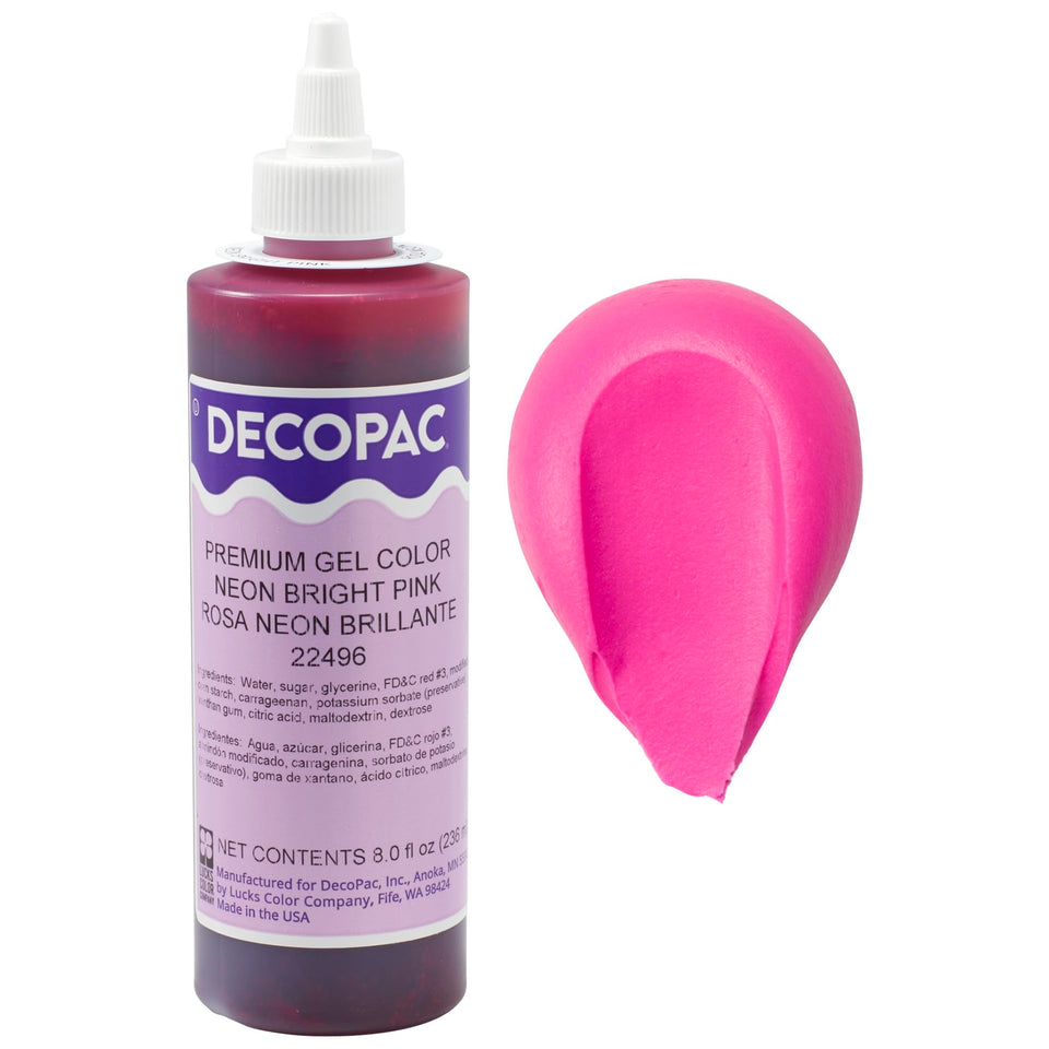 DecoPac Neon Bright Pink gel bottle colors buttercream vividly for striking cakes.