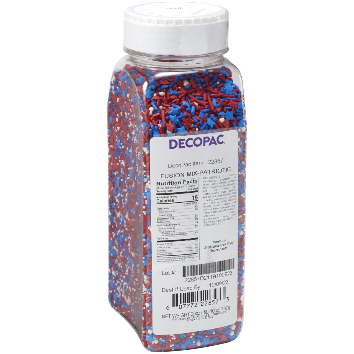 DecoPac Patriotic Fusion Mix in handheld container for quick red, white, blue decorating.