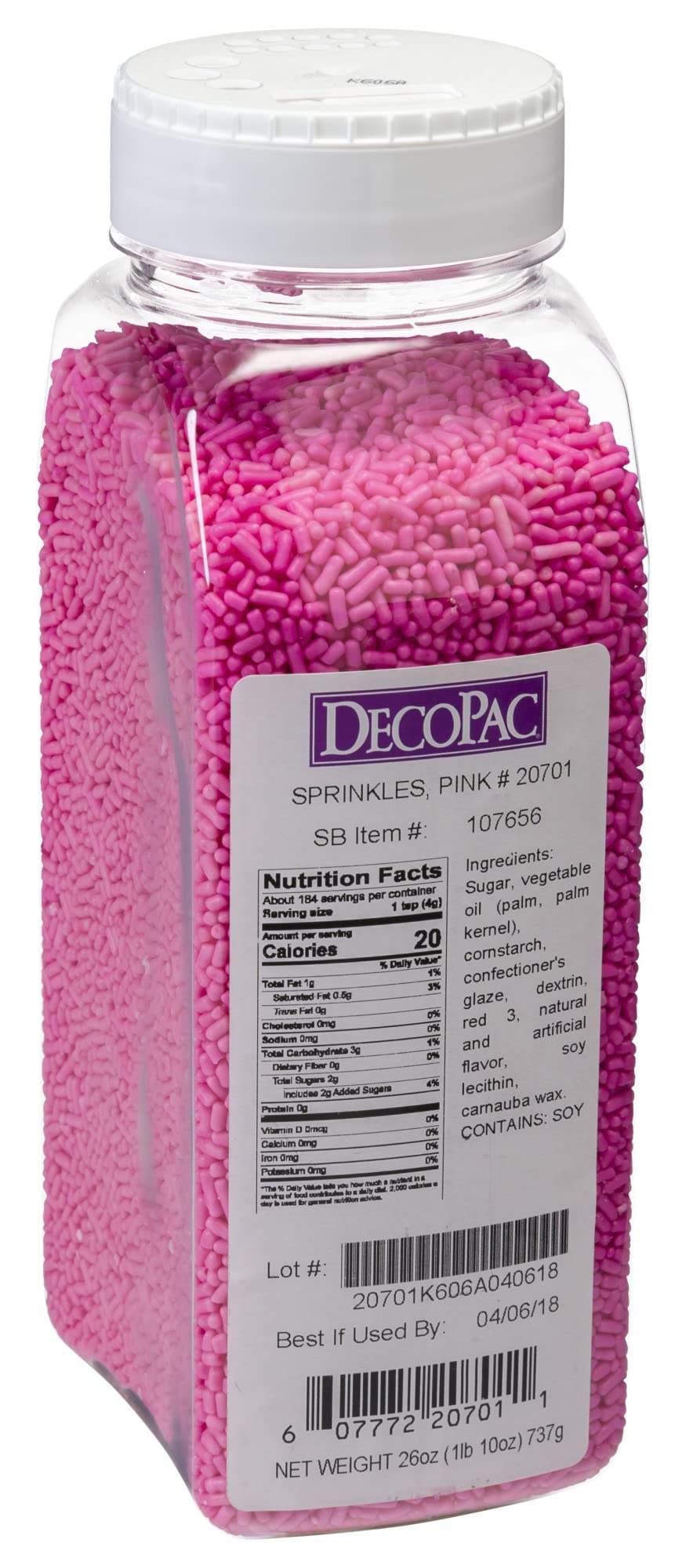 DecoPac Pink Sprinkles in a 26oz jar for decorating cakes and desserts.