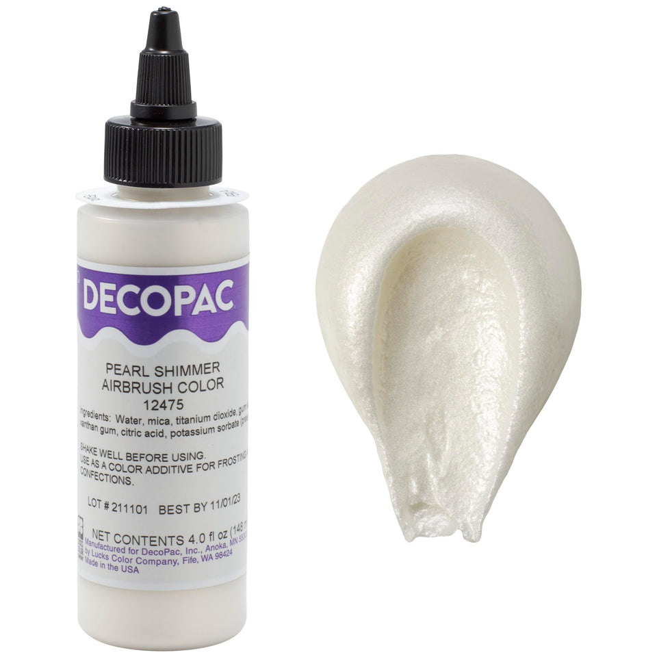 DecoPac Premium Airbrush Color shows pearl shimmer in a bottle for vibrant decorations.