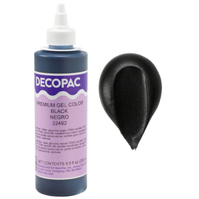DecoPac Premium Black gel color bottle closeup for vivid cake coloring