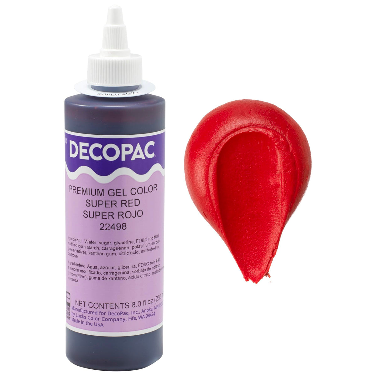 DecoPac Premium Gel Coloring Super Red bottle shows vibrant baking color for cakes