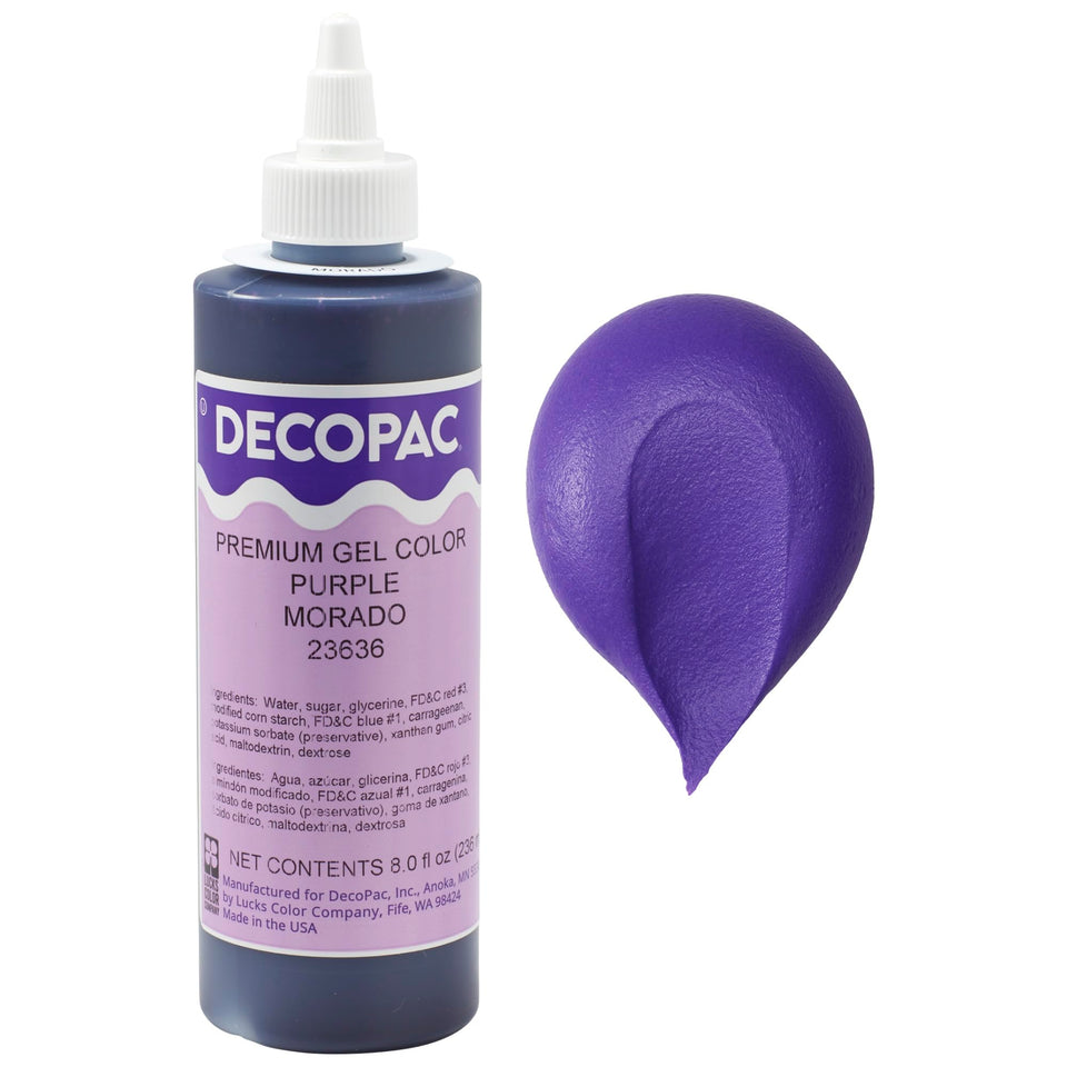 DecoPac Purple Gel Color bottle front with rich, vibrant shade for cakes.