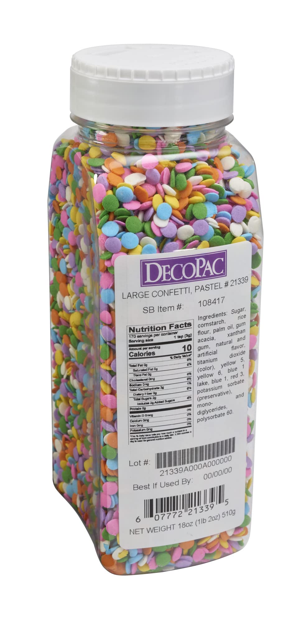 Decol Pac Quins sprinkles in handheld container for quick cake decorating and baking prep.