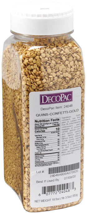 DecoPac Quins sprinkles in handheld container for easy decorating.