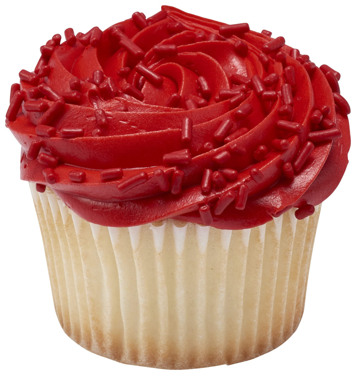 Red DecoPac sprinkles dusted on buttercream for quick color boost.