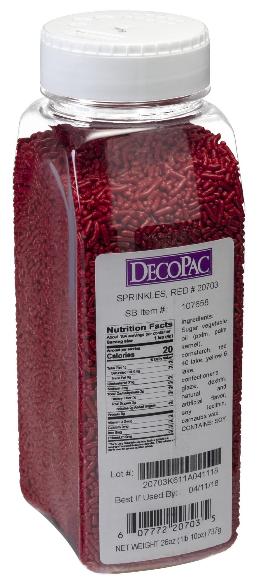 DecoPac red sprinkles in an extra-large jar for easy storage and quick decorating.