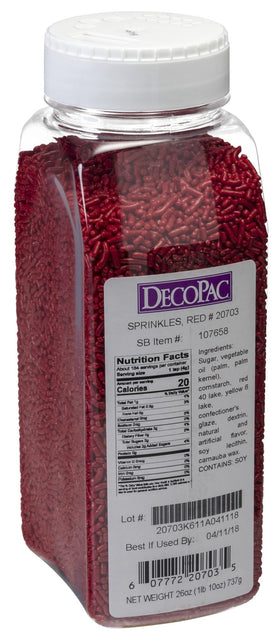 DecoPac red sprinkles in an extra-large jar for easy storage and quick decorating.