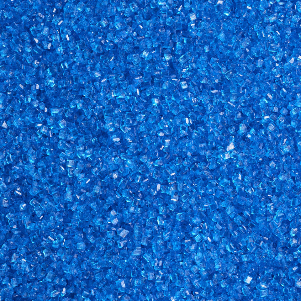 DecoPac blue sanding sugar in a 33oz container adds bright sparkle to desserts.
