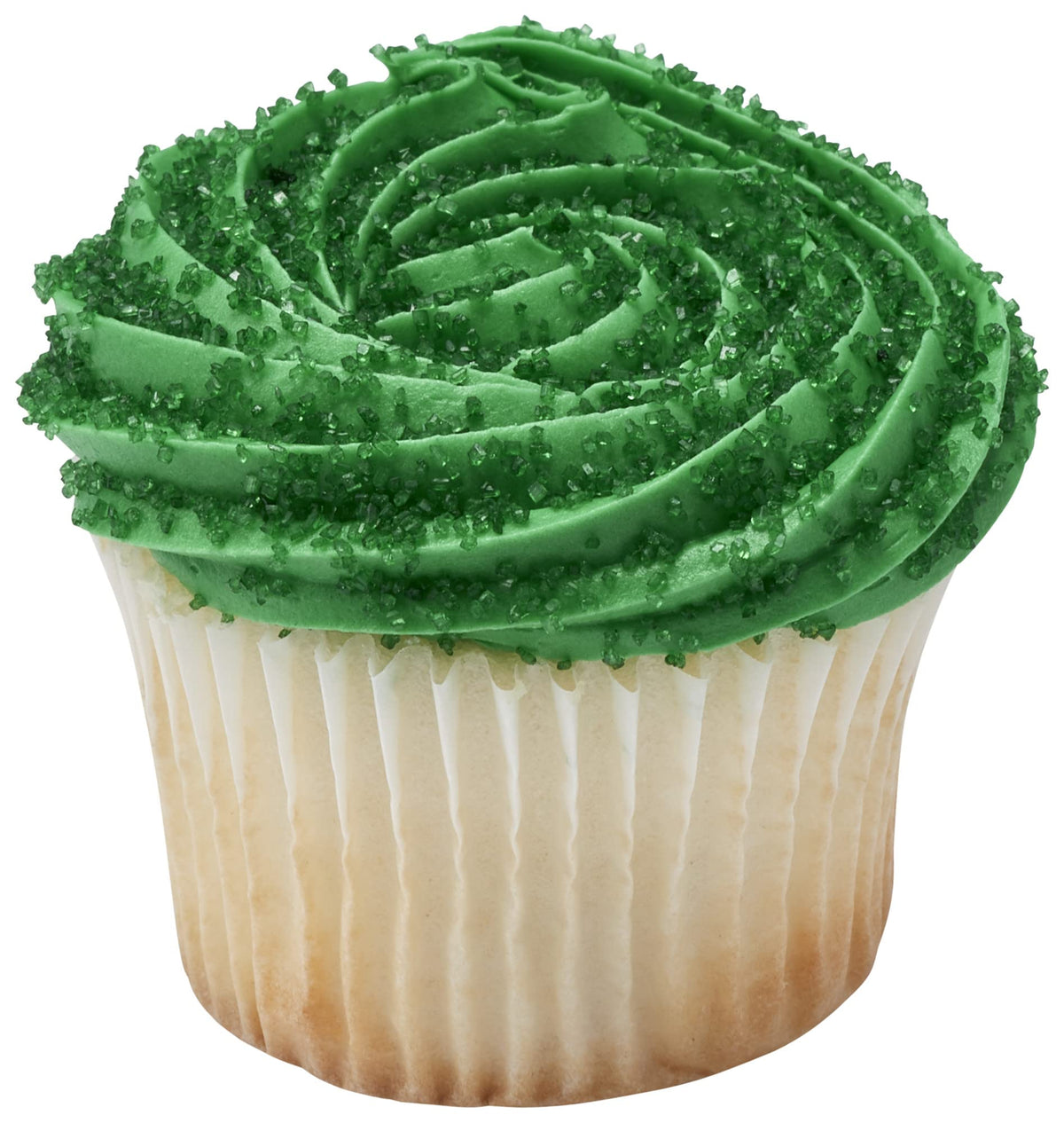 Green sanding sugar topping on cupcakes for festive flair