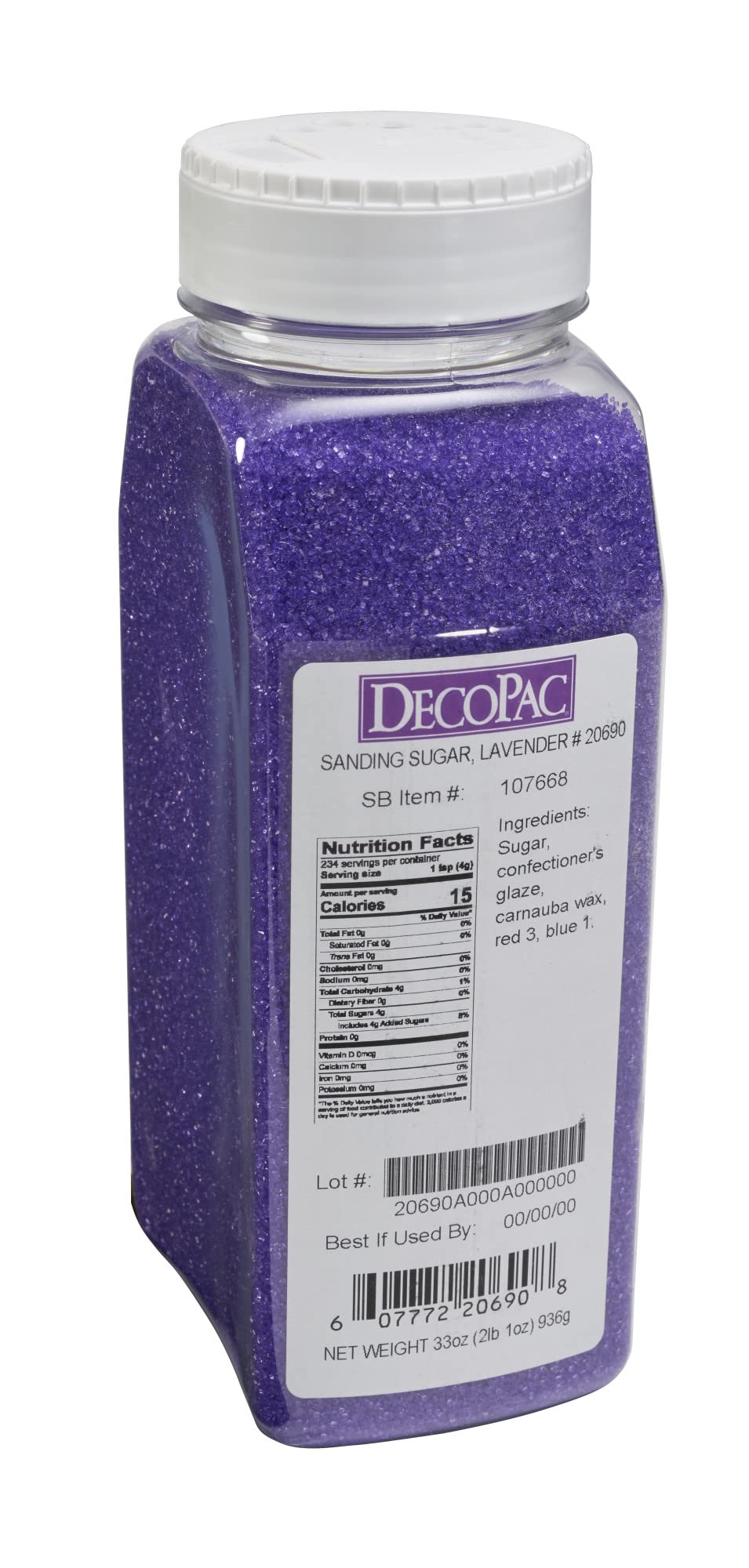 DecoPac lavender purple sanding sugar in handheld container for easy, precise sprinkling