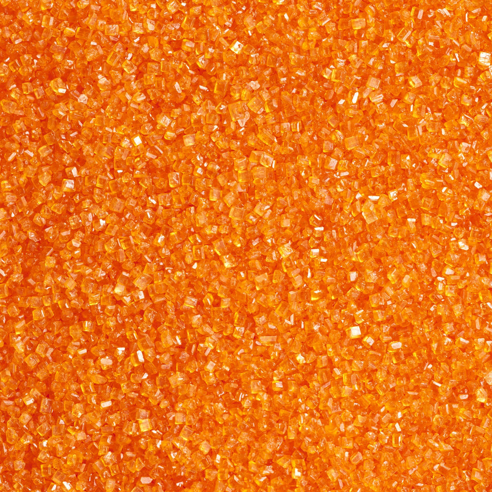 DecoPac orange sanding sugar in 33oz container adds vibrant shimmer to desserts.