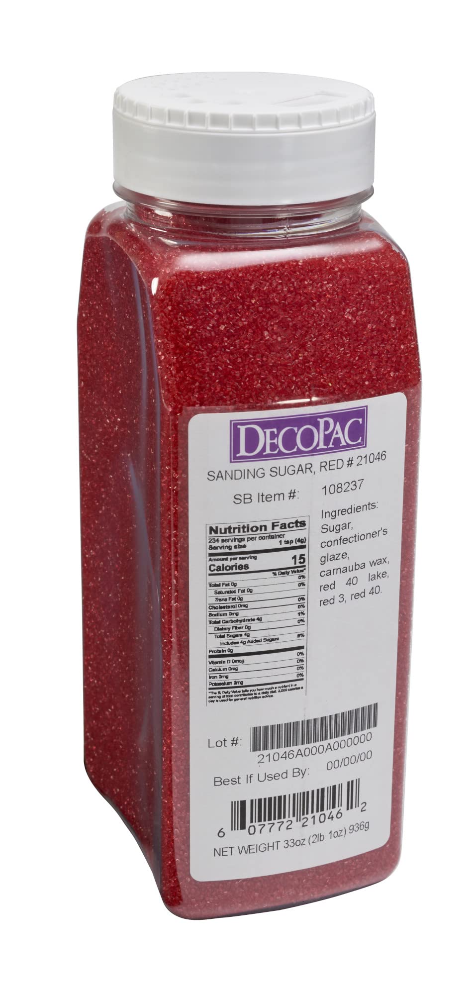 Close-up of DecoPac red sanding sugar for cake decorating