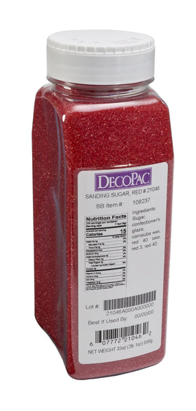 Close-up of DecoPac red sanding sugar for cake decorating