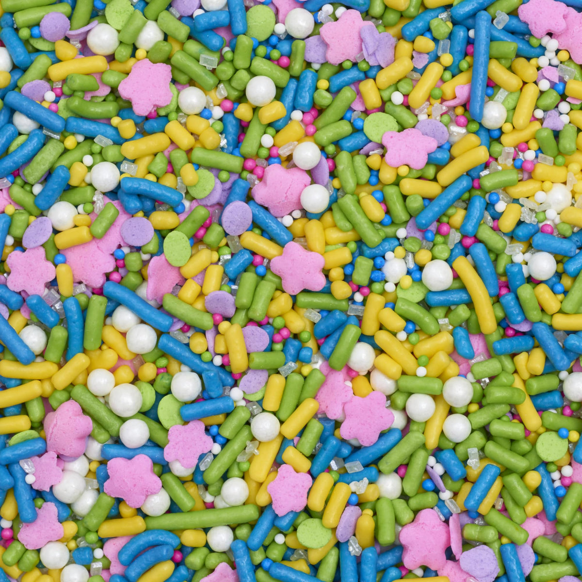 DecoPac Spring Fusion Mix sprinkles palette highlighting pastel colors for cakes.