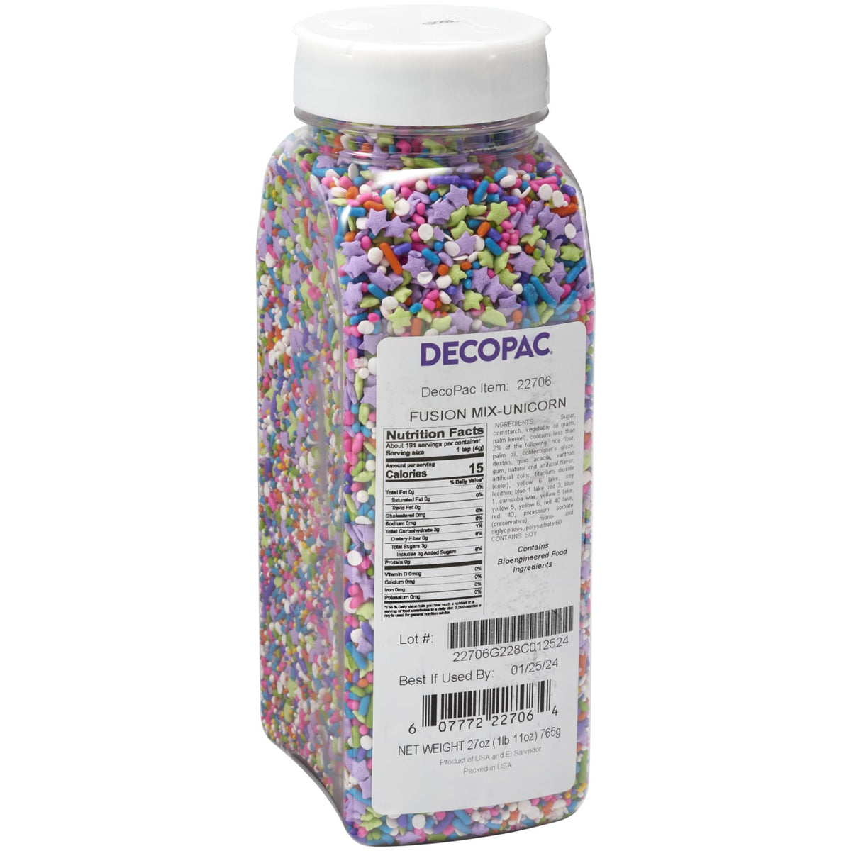 DecoPac Unicorn Fusion Mix bottle displays colorful edible sprinkles for celebrations