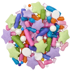 DecoPac Unicorn Fusion Sprinkles closeup shows varied shapes for decorating