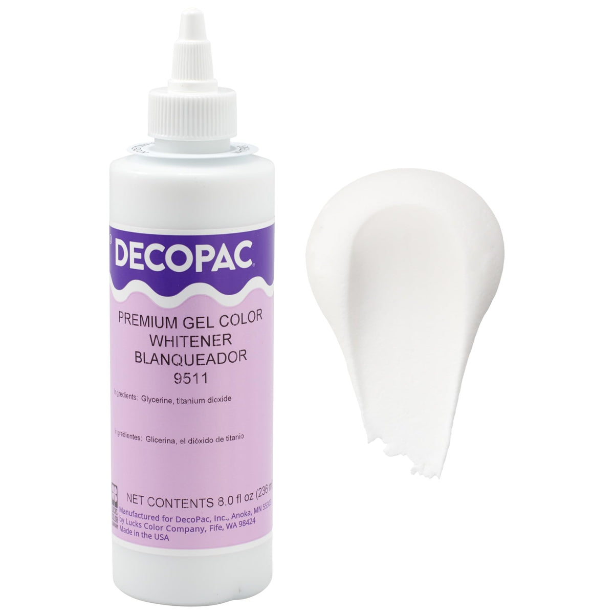 DecoPac white gel color bottle 8oz for vibrant cake coloring.