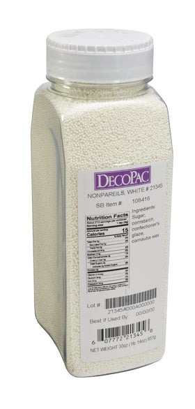 DecoPac white nonpareils topping cupcakes for festive decoration and texture.