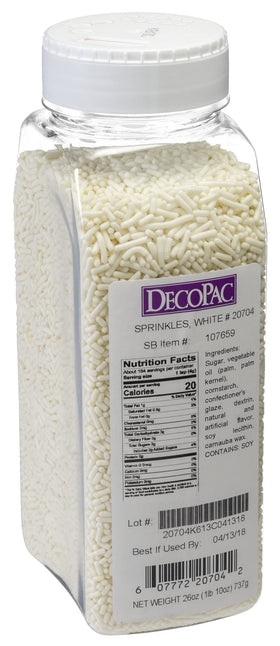 DecoPac White Sprinkles jar close-up, ideal for decorating cakes and cupcakes.