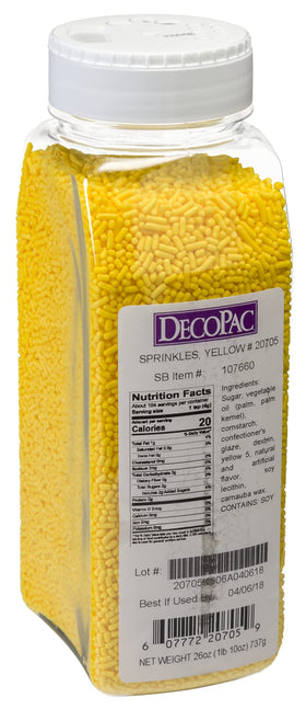 DecoPac Yellow Sprinkles in a 26oz jar ready for cake decorating and dessert toppings.