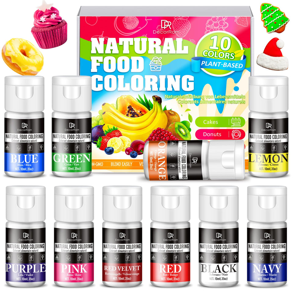 DecorRom natural food coloring bottles show a vibrant 10-color set for baking versatility.