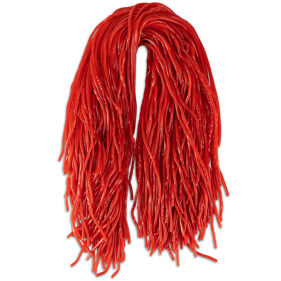Dee Best Strawberry red string licorice bundle closeup, showcasing soft texture ideal for quick snacking