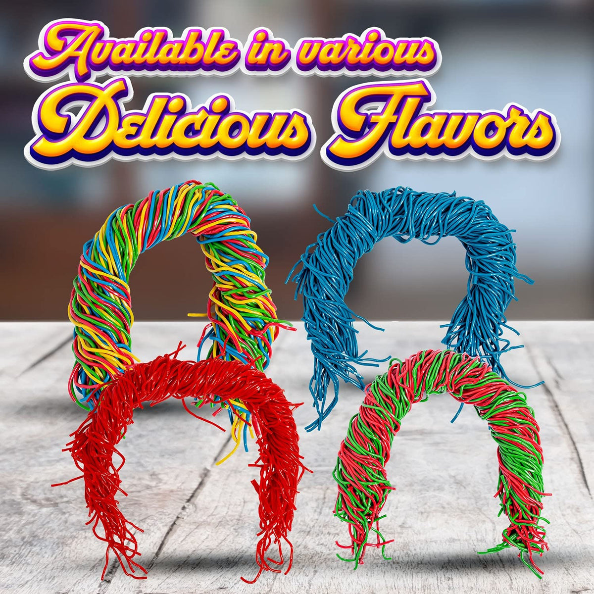 Dee Best licorice extra long shoestring shown for party decorations and dessert garnishes