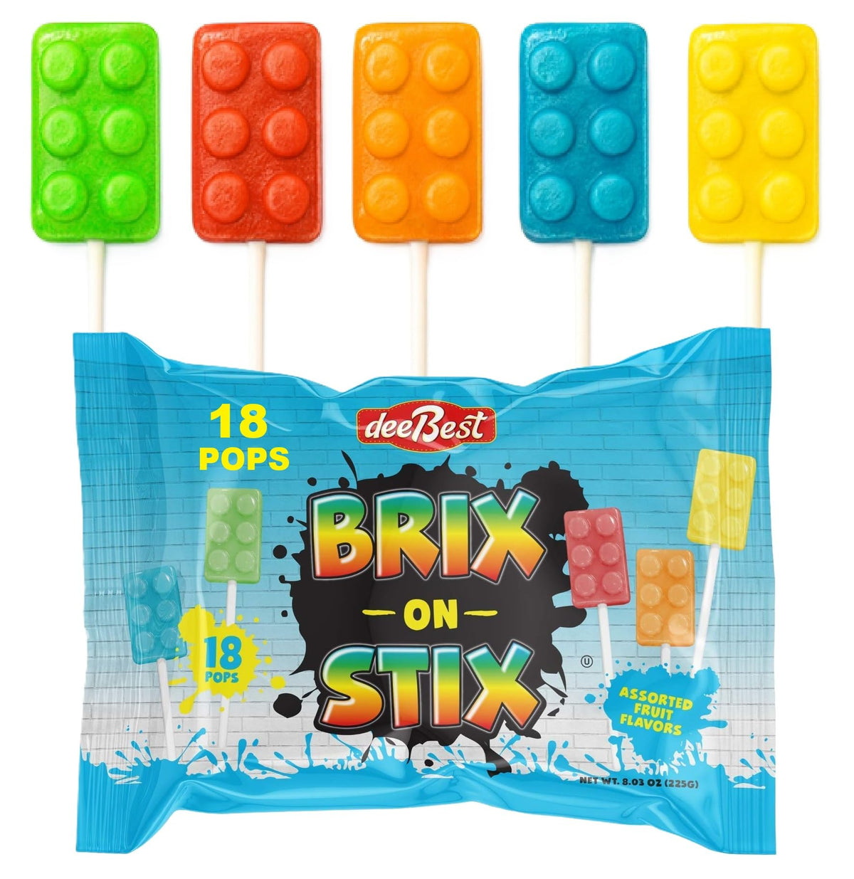 Dee Best Bricks on Stix brick lollipop pack displaying assorted fruit flavors for party favors