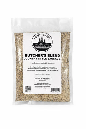 Deep Lake Butcher's Blend bottle front, ready-to-use seasoning for home sausage making